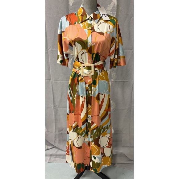 Zara Tortoiseshell Belted Shirt Dress Woman’s Size Small Abbott Elementary NWT - Picture 1 of 12